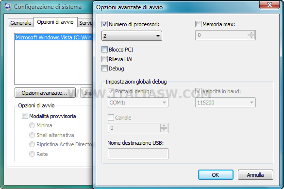 Windows Vista - msconfig - Opzioni Avanzate